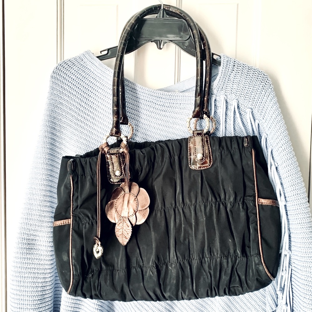 Brighton fabric satchel w/crocodile trim.